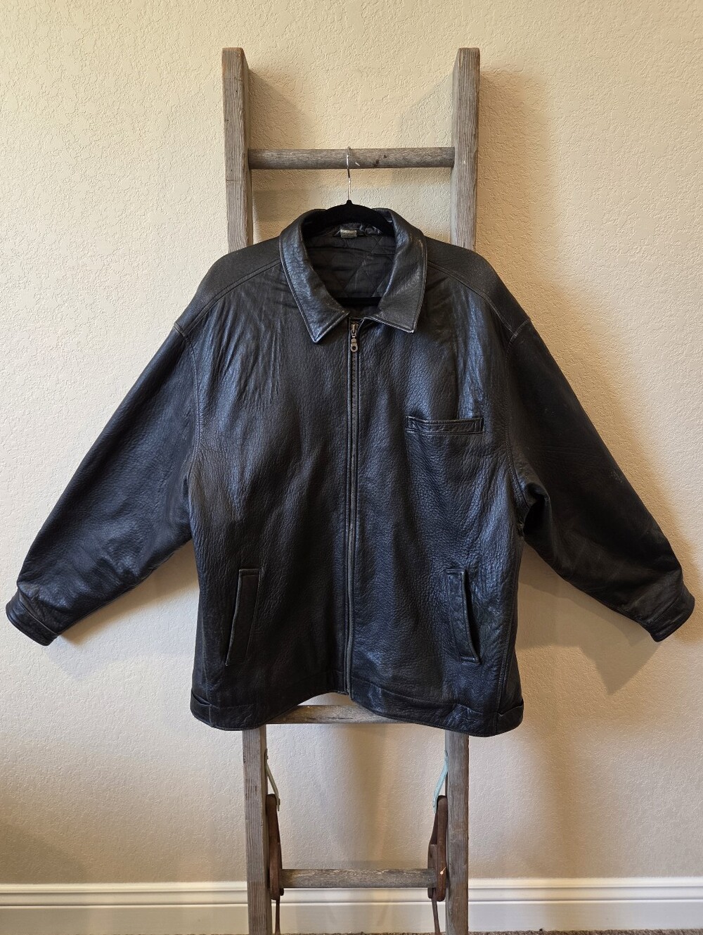 Men's Black Leather Jacket - Size XL